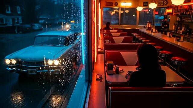 Woman sitting alone in neon lit vintage diner at night