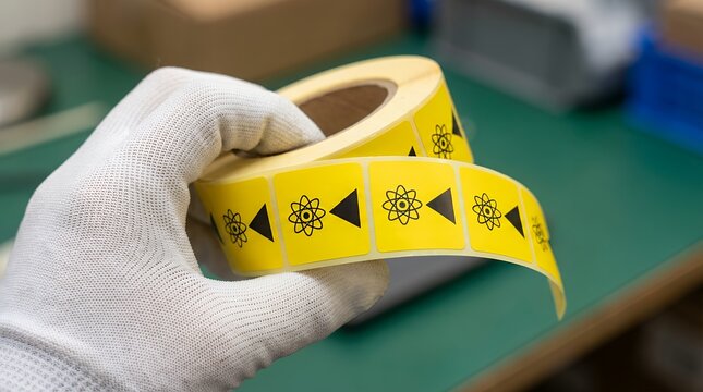 A gloved hand holds a roll of yellow adhesive labels featuring black radiation symbols and directional arrows indicating careful handling or warning information hazard sticker