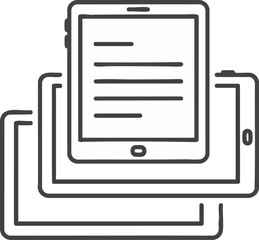 Illustration of digital devices, including a tablet and phone. It represents technology, connection, and digital communication