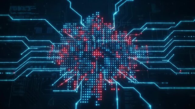 Abstract digital network glowing with blue light and a central red cluster representing data or a virus Futuristic technology concept