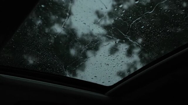 Car Interior View on Rainy Night Looking Up at Sky Through Sunroof