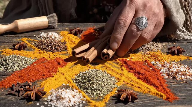 Artistic arrangement of dried herbs and vibrant spices meticulously crafted on a wooden surface.