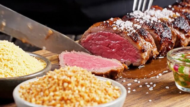 Slicing Juicy Brazilian Barbecue Beef with Farofa and Fresh Vinaigrette Sides