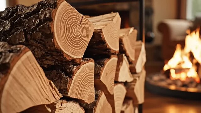 A neatly stacked pile of perfectly cut firewood rounds near a glowing fireplace, awaiting winter warmth.