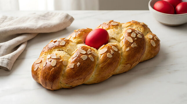 Traditional braided Easter bread with red eggs and sliced almonds on a marble surface.