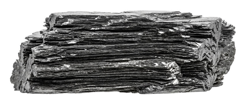 Side profile of stacked graphite layers PNG cutout element on transparent background demonstrating the distinct foliated mineral structure for geology education and battery technology layouts