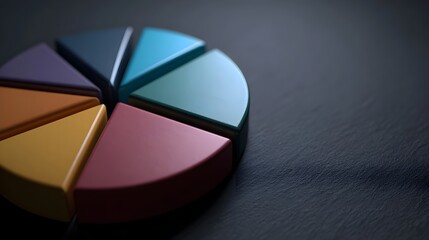 Fototapeta premium A colorful 3D pie chart with seven distinct slices on a dark textured surface under moody lighting