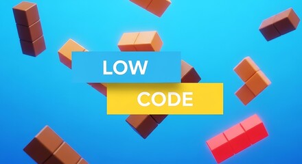 Obraz premium Low code development concept represented by colorful 3D blocks floating around low code text on a blue background, symbolizing simplified software creation.