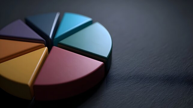 A colorful 3D pie chart with seven distinct slices on a dark textured surface under moody lighting