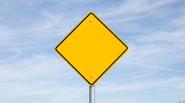A blank yellow diamond shaped traffic sign with a black border is mounted on a metal pole against a bright blue sky with scattered white clouds yellow sign blank sign warning sign