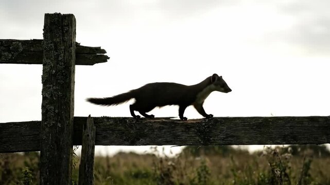 A small furry animal walks along a wooden fence silhouetted against a cloudy sky The creature has a long tail and appears to be moving with purpose