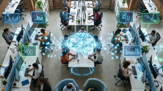 Diverse team collaborates in a modern office with holographic displays and technology enhancing their work environment creating an innovative atmosphere