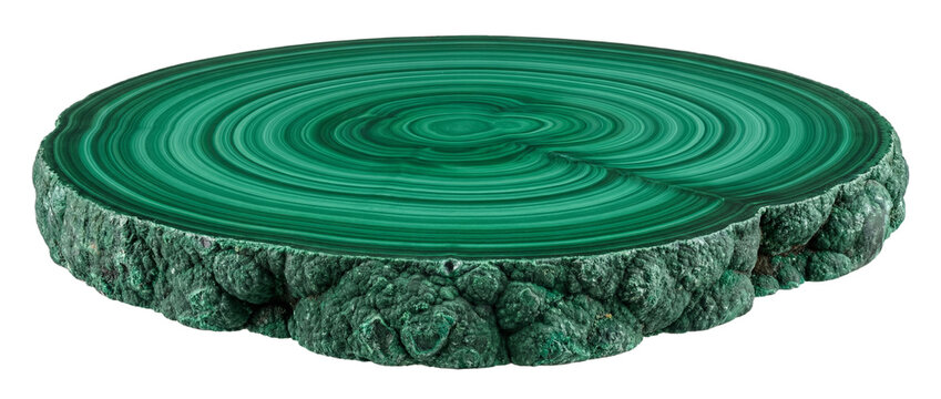 Side profile of thin malachite stalactite slice PNG cutout element on transparent background showcasing the lapidary work and structural beauty of copper carbonate minerals for science