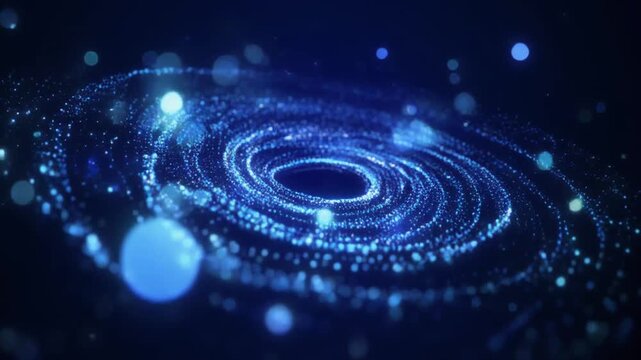 A mesmerizing blue swirling digital vortex forms a spiral pattern surrounded by glowing dots in a dark space background, possibly used for technology or data visualization