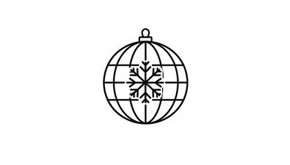 A black and white illustration of a Christmas ornament with a snowflake design hanging on a transparent background, depicted from a front view.