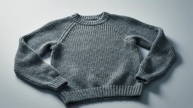 A flat grey sweater cutout transforms into a cozy knitted garment. This creative animation showcases the evolution of a warm winter top.