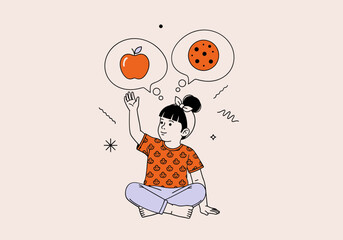 Girl Sitting Cross Legged with Food Choices Thought Bubbles