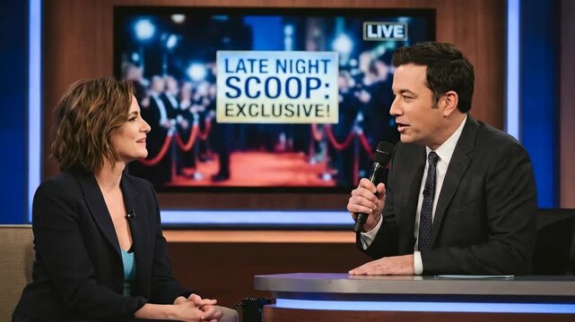 A woman and a man laugh on a television set during a late night scoop exclusive Lights shine brightly on the stage