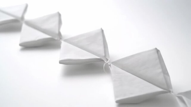 White folded paper squares form a delicate, geometric chain. This minimalist design creates a clean, abstract background.