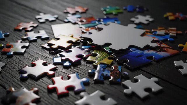 Scattered jigsaw puzzle pieces lying haphazardly on a dark wooden table