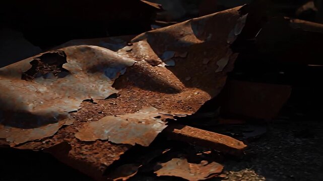 Crumbled rusted metal sheets scattered on a worn surface in dark shadows
