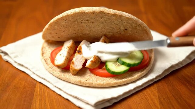 A delicious pita bread is prepared with fresh ingredients. Grilled chicken, vegetables, and sauce create a healthy wrap.