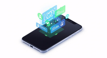 Smartphone Displaying Floating Digital Interface Elements Above Screen