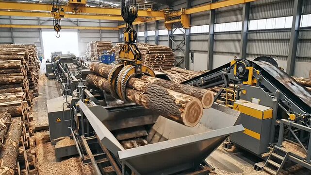 Heavy-duty crane lifting large logs into industrial wood processing machinery within a bustling timber factory.