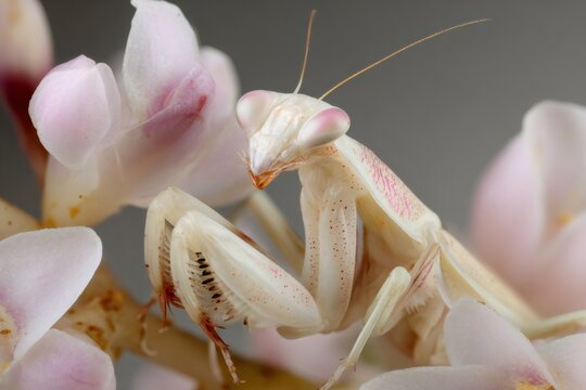 Orchid mantis hymenopus coronatus camouflaging among pink petals