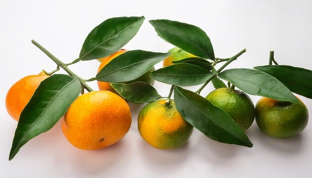 fresh green tangerine branches with small ripe orange fruits healthy citrus food ingredient on white background
