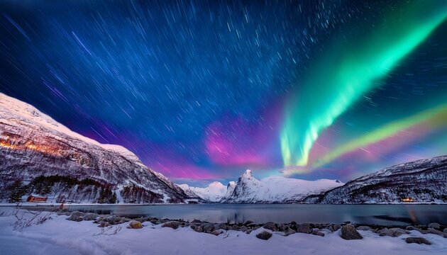 northern lights dancing over snowy mountain fjord in norway vibrant green and purple auroras