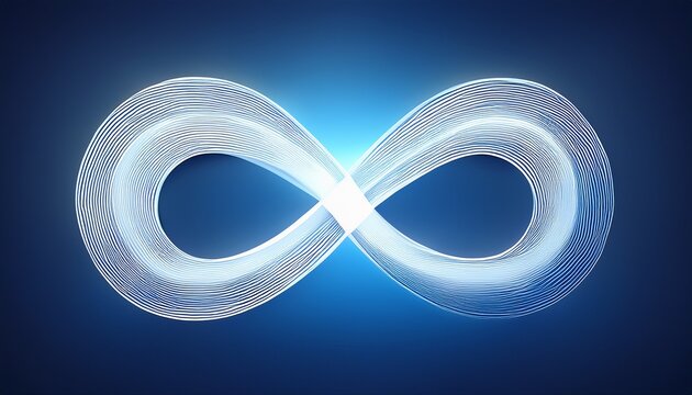 white 3d infinity symbol glowing softly on blue background endless possibilities eternal cycle