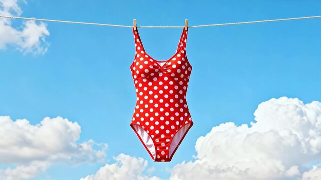 Red polka dot swimsuit on clothesline
