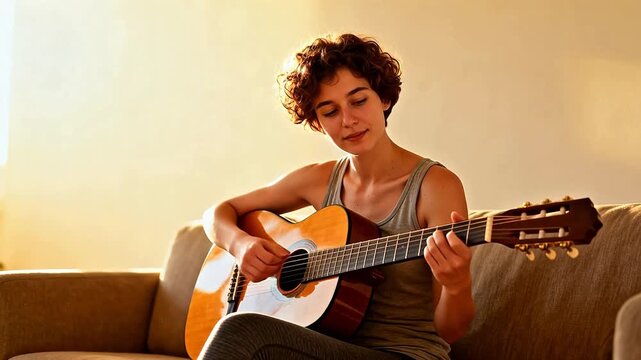 Young woman playing guitar on couch