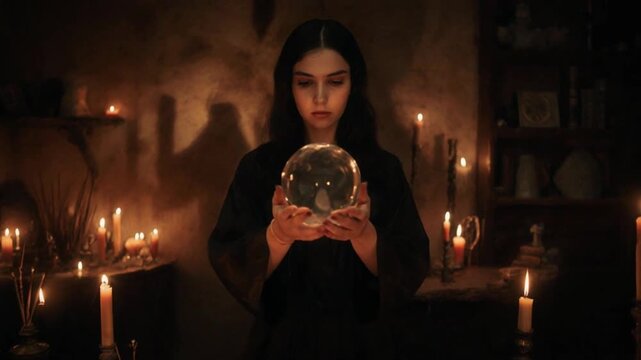 A woman gazes into a crystal ball in a mystical, candlelit room