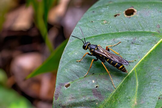 Wasp like insect perched on green leaf in nature