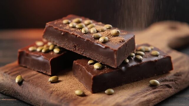 Chocolate fudge bars with coffee beans on wooden cutting board in kitchen