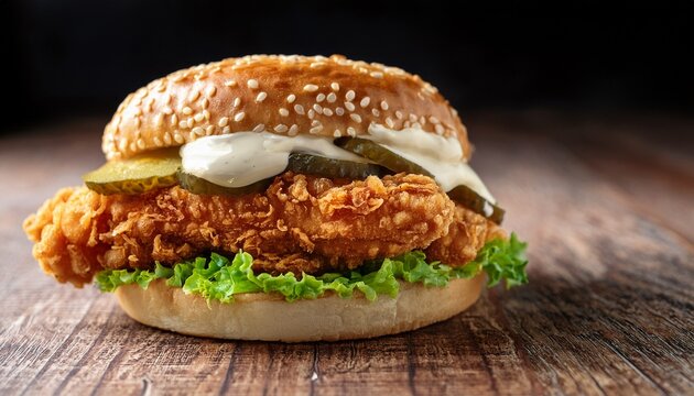 crispy fried chicken sandwich on sesame seed bun creamy mayo spread fresh green lettuce pickles