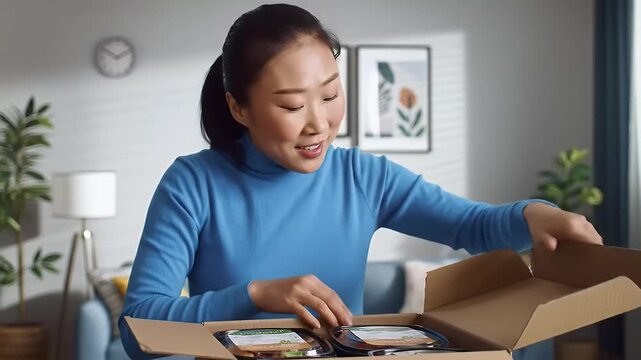 Smiling young woman excitedly opens a cardboard package at home showcasing online shopping joy and anticipation for a delivery perfect for e-commerce marketing visuals