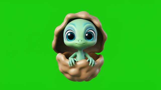 Cute egg green alien in peanut shell.
