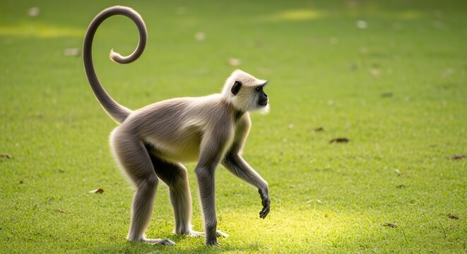 Graceful langur monkey walking on lush green grass in sunlight