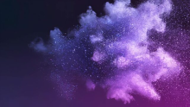 Ethereal cloud of purple and blue particles on a gradient background unveiling a cosmic nebula effect with glittering dust suspended in a dark fluid