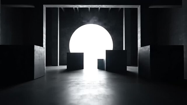 Mysterious brilliant white light emanating from a focal point in a dark, architecturally abstract hall creating an ethereal entrance