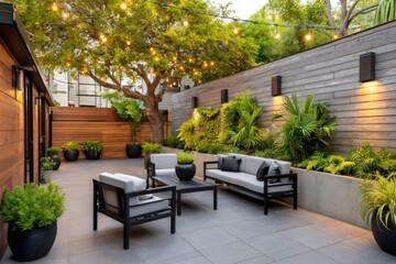 Modern patio design featuring outdoor seating and string lights