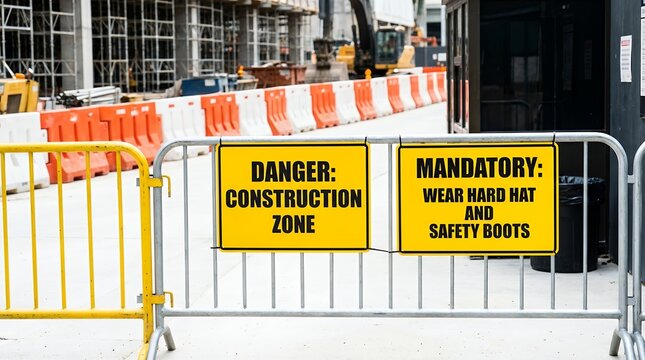 Yellow warning signs indicating danger construction zone and mandatory wear of hard hat and safety boots are displayed on a metal barrier at a building site protective gear