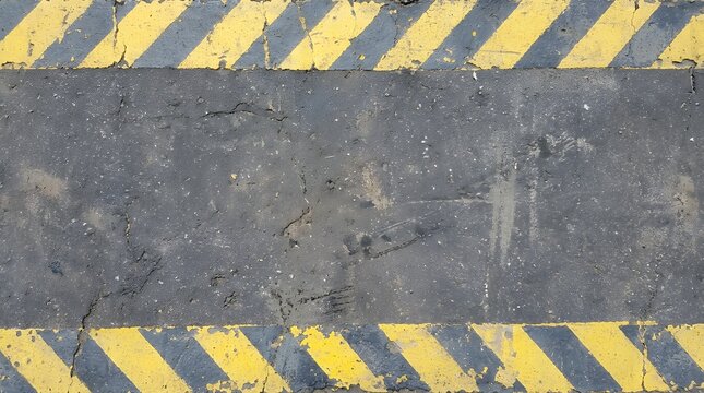 A distressed asphalt surface with worn yellow and black hazard stripes along the top and bottom edges showing texture and cracks warning stripes yellow black stripes caution stripes