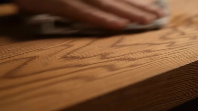 A hand carefully applies finish to a beautiful wooden surface. The rich grain and texture of the wood are enhanced.
