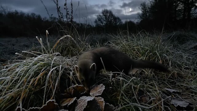 A small dark mammal scurries through frosty grass under a dusky sky Wildlife in its natural habitat during a cold morning