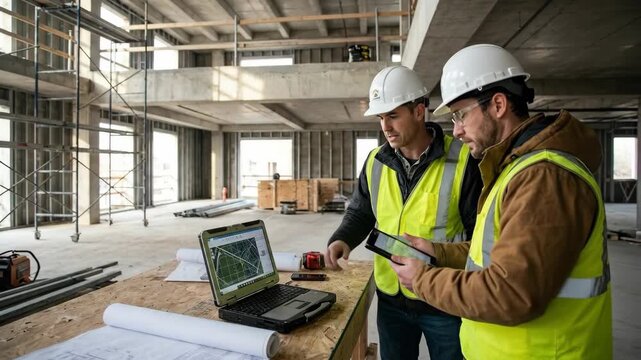 Two construction workers wearing hard hats and safety vests review blueprints and a laptop screen on a building site They are collaborating on a project