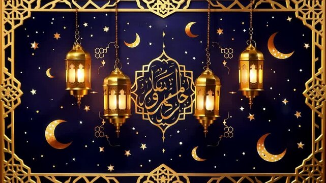 Ramadan Mubarak greeting card with golden lanterns, crescent moons, stars, and Arabic calligraphy on a dark blue background